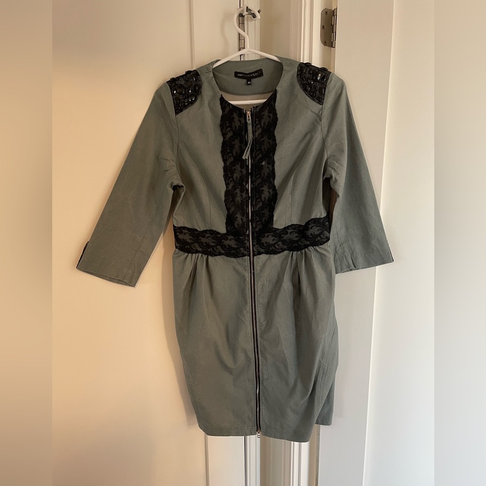 Elegant Grey Cotton Blend Coat / Dress with Black Lace and Beadings Accents